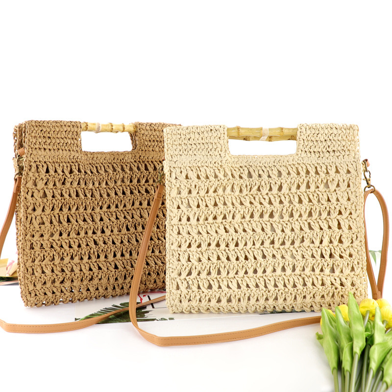 Korean Style Bamboo Handle Woven Bag Large Capacity Minimalist Square Tote Shoulder Crossbody Straw Bag