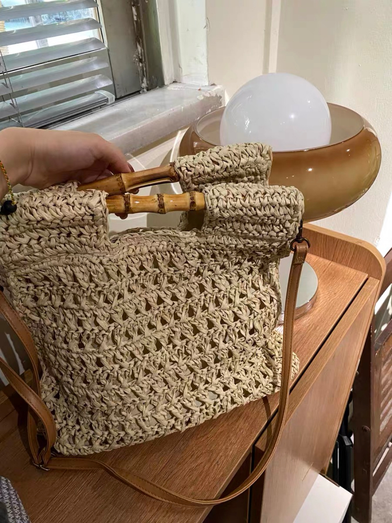 Korean Style Bamboo Handle Woven Bag Large Capacity Minimalist Square Tote Shoulder Crossbody Straw Bag - Image 3