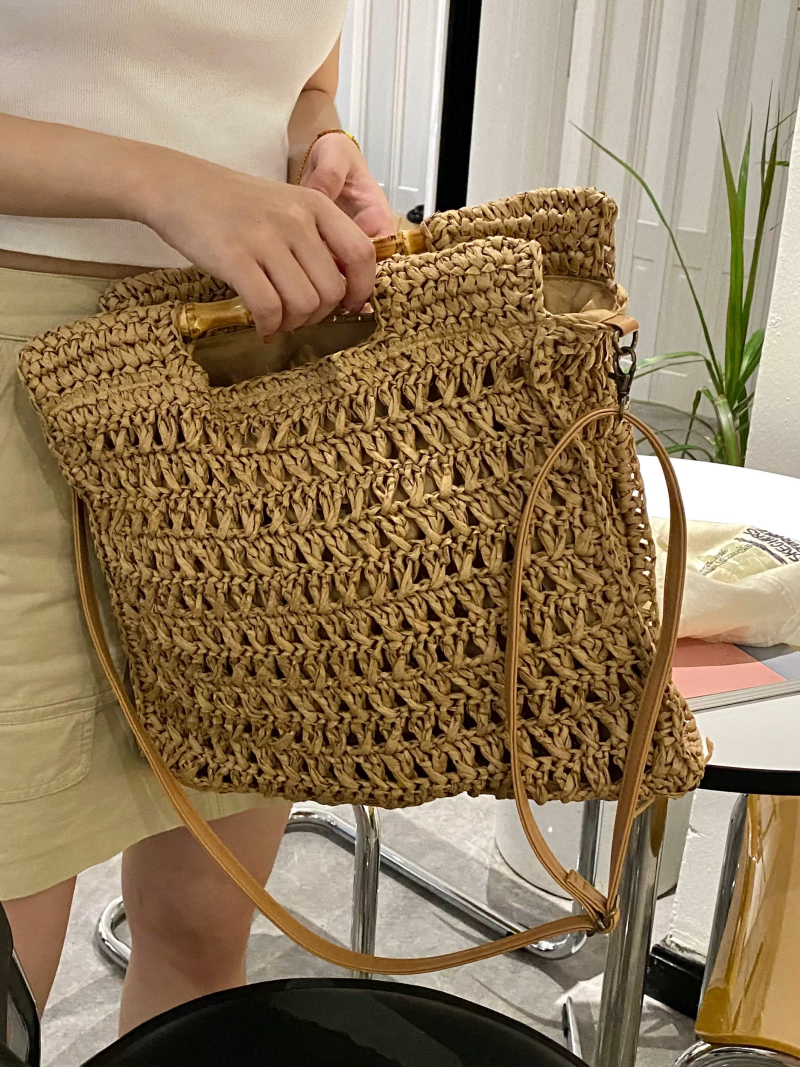 Korean Style Bamboo Handle Woven Bag Large Capacity Minimalist Square Tote Shoulder Crossbody Straw Bag