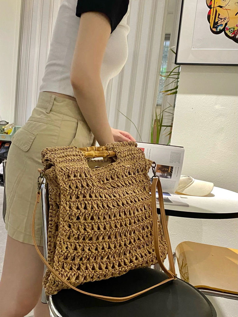 Korean Style Bamboo Handle Woven Bag Large Capacity Minimalist Square Tote Shoulder Crossbody Straw Bag - Image 4
