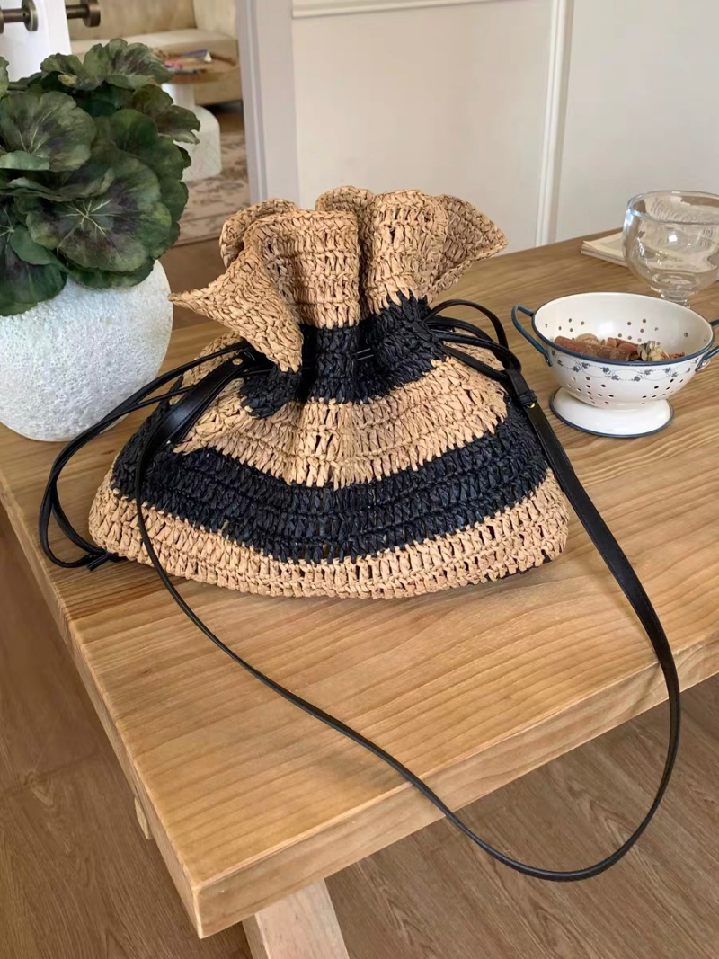 Korean Style Striped Color Block One Shoulder Woven Bag Large Capacity Vintage Crossbody Straw Beach Bag