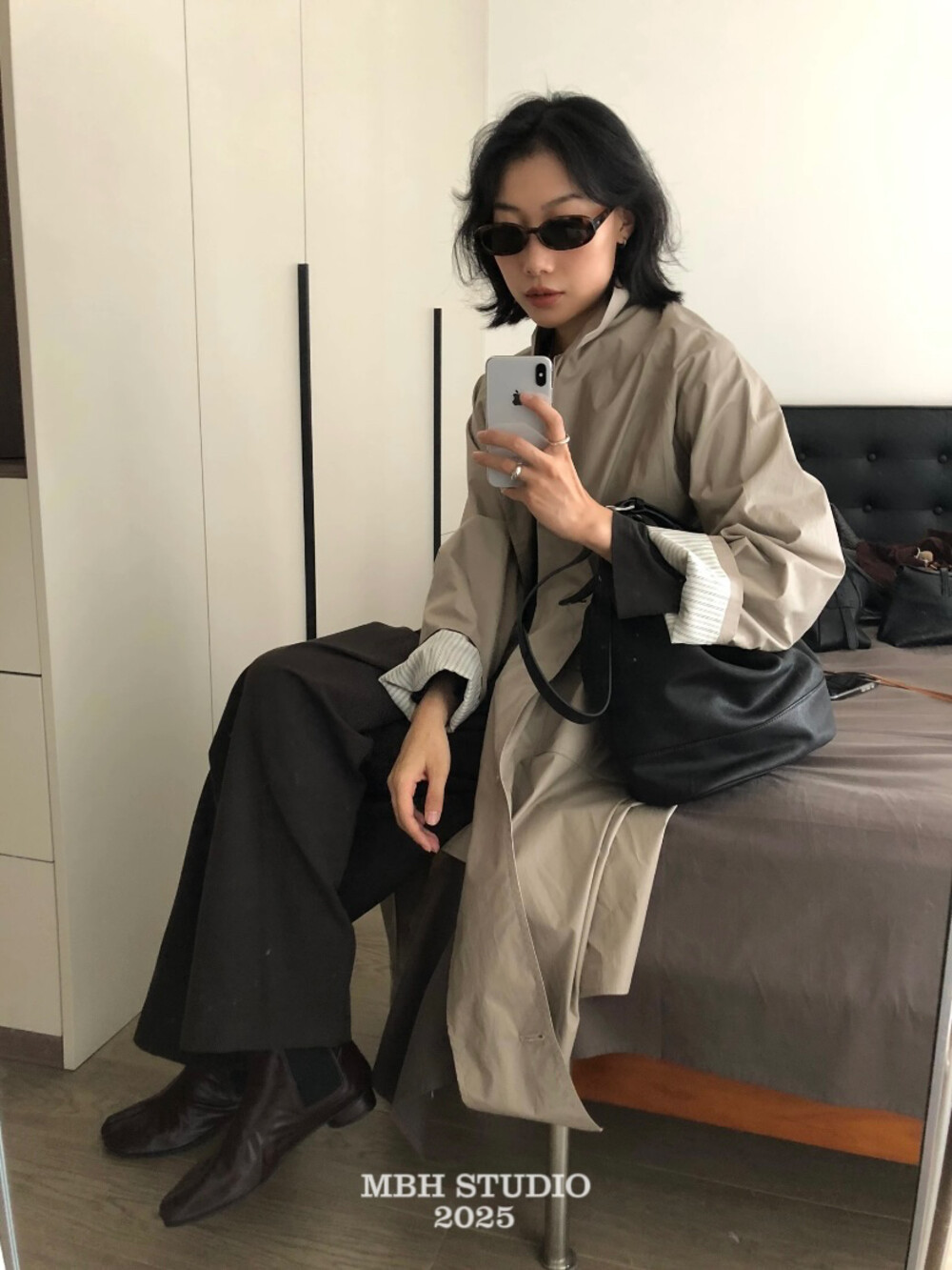 MBH Slouchy Vegetable-Tanned Lambskin Double-Handle Bucket Bag Women Large-Capacity Commuter Genuine Leather Underarm Shoulder Bag