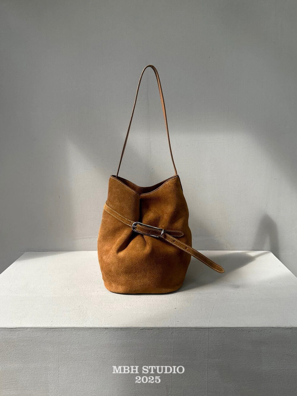 MBH Matte Leather Bucket Bag with Belt Buckle Slouchy Crossbody Shoulder Bag