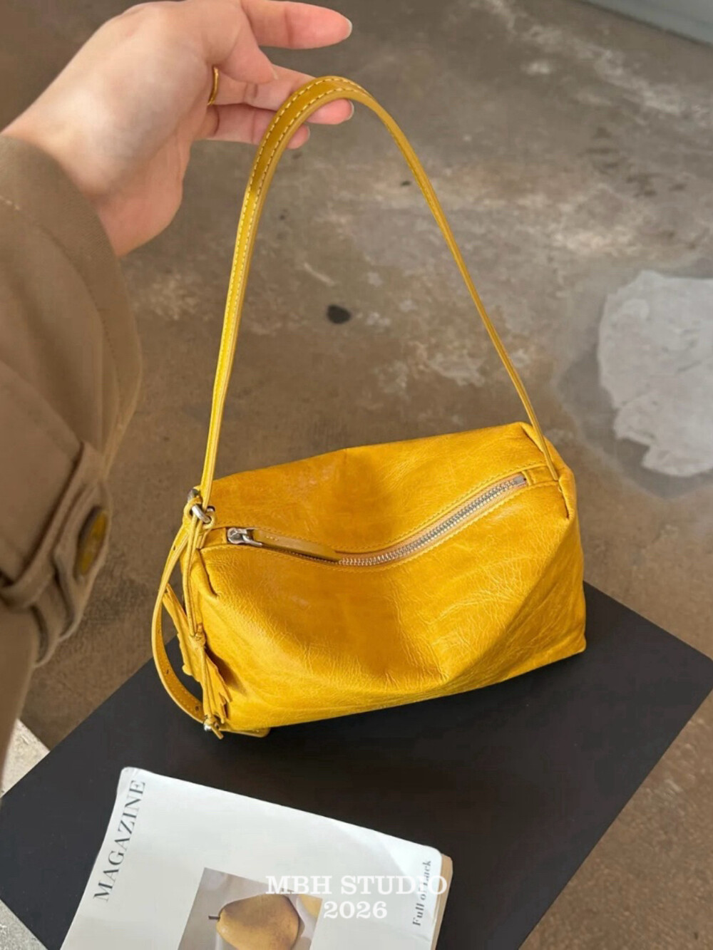 MBH Yellow Crackle Leather Maple Toast Bag with Maple Charm - Image 2