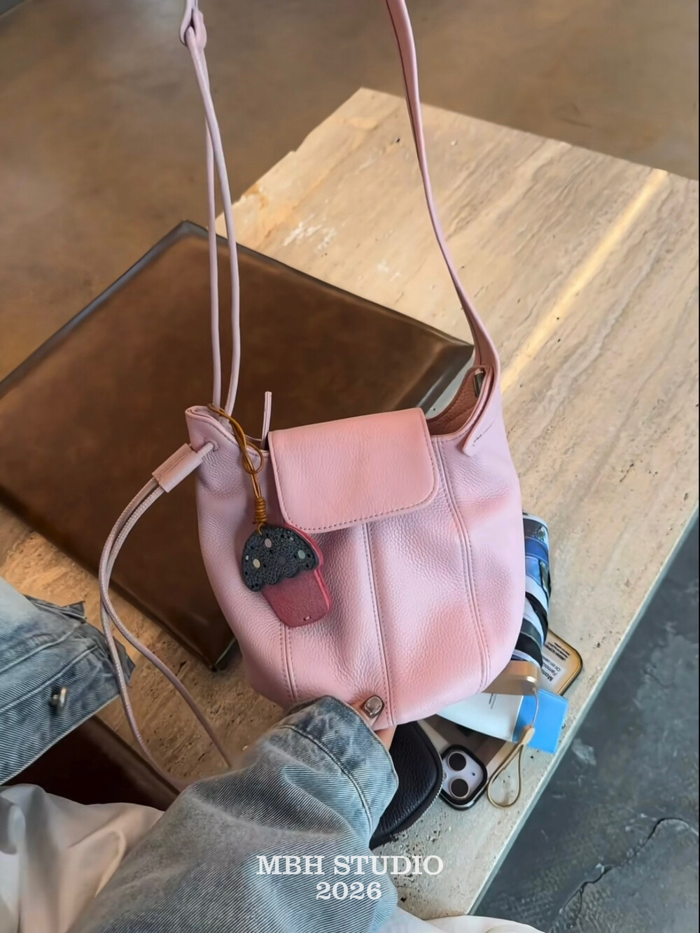 MBH Summer Candy Pumpkin Top-Grain Leather Grainy Half-Moon Crossbody Shoulder Bag - Image 3