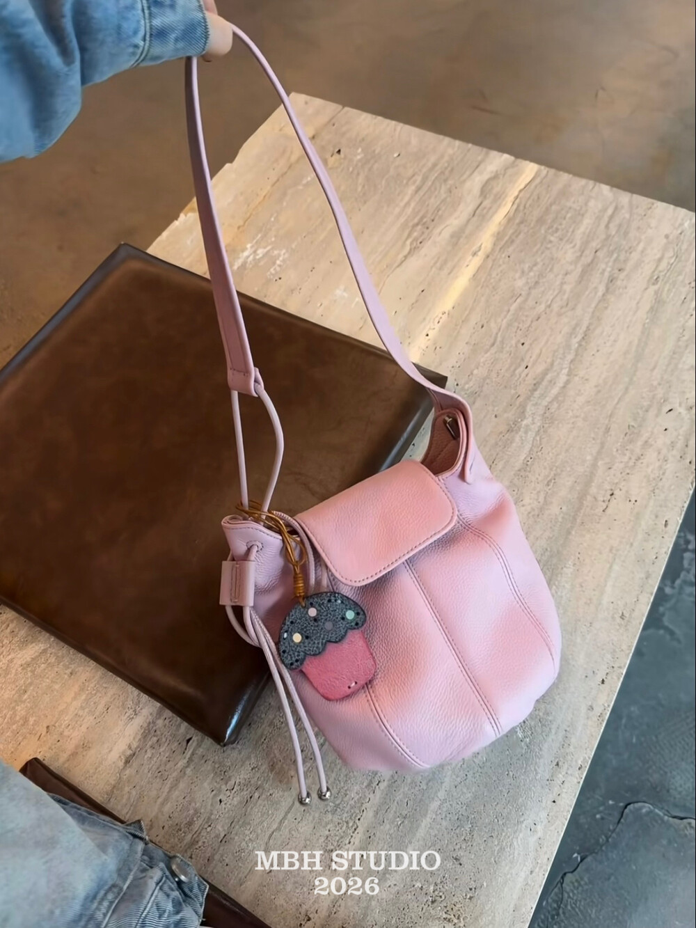 MBH Summer Candy Pumpkin Top-Grain Leather Grainy Half-Moon Crossbody Shoulder Bag