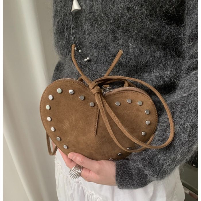 2026 New Retro Studded Heart Faux Suede Shoulder Crossbody Bag for Women