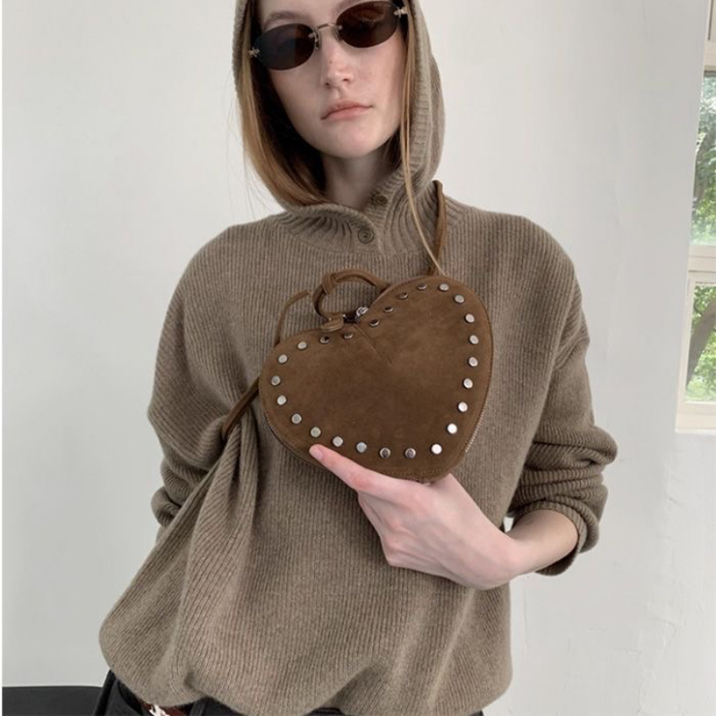2026 New Retro Studded Heart Faux Suede Shoulder Crossbody Bag for Women