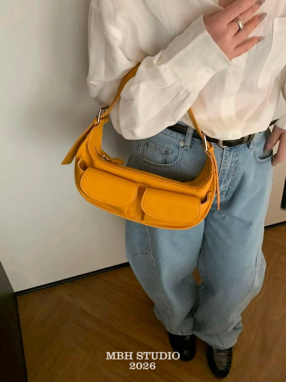 Candy Color Niche Design Double Pocket Motorcycle Bag Cool Leather Half Moon Crossbody Shoulder Bag with Strap