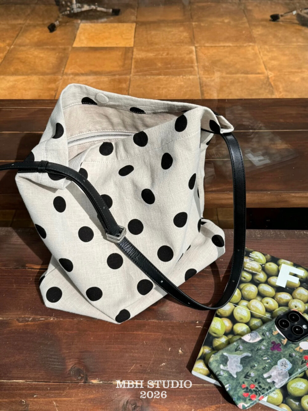 MBH Custom Polka Dot Cotton Linen and Top Layer Cowhide Summer Relaxed Tote Bag Large Capacity Shoulder Bag