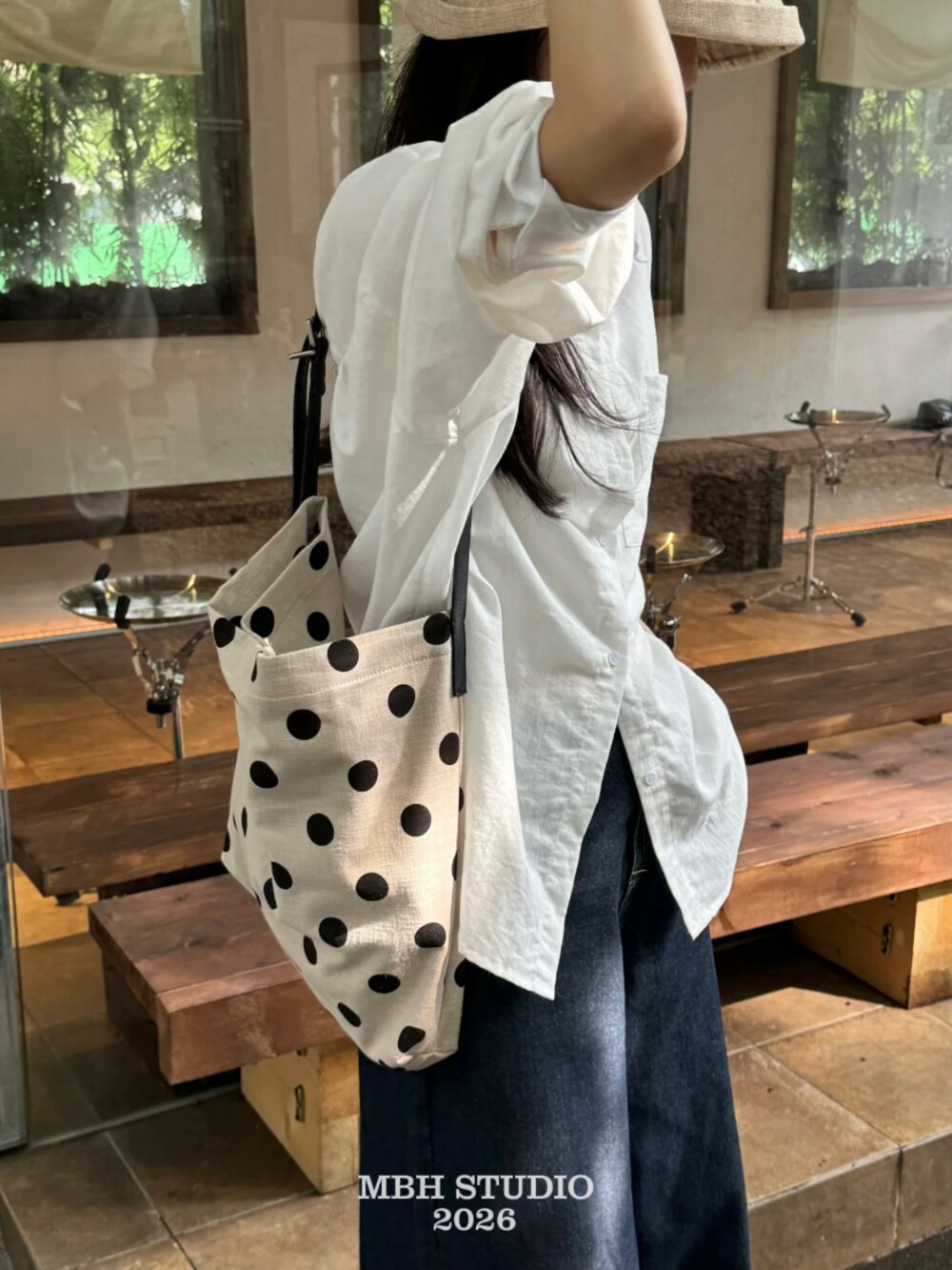 MBH Custom Polka Dot Cotton Linen and Top Layer Cowhide Summer Relaxed Tote Bag Large Capacity Shoulder Bag - Image 3