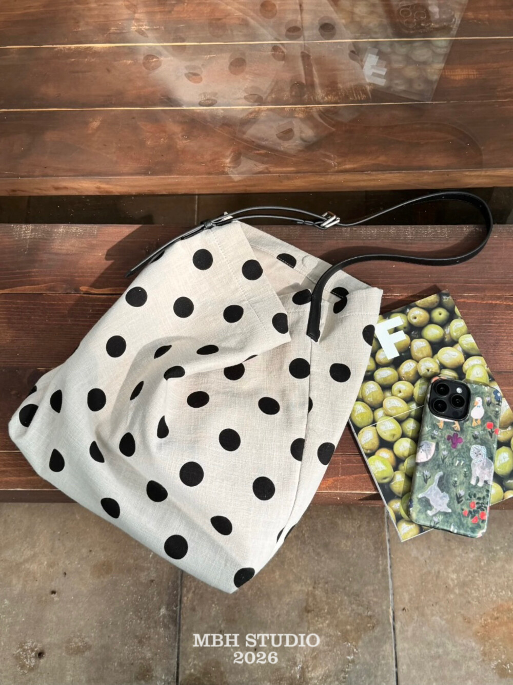 MBH Custom Polka Dot Cotton Linen and Top Layer Cowhide Summer Relaxed Tote Bag Large Capacity Shoulder Bag